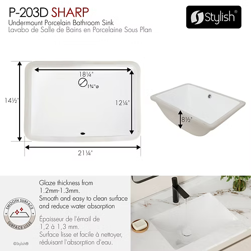 Stylish - 21'' SHARP P-203D Undermount Sink with Overflow