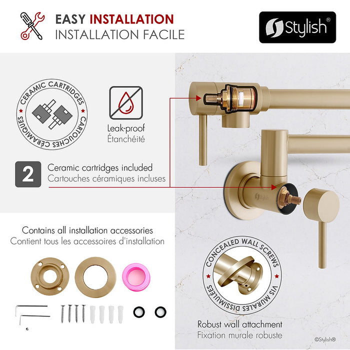 STYLISH-ASTI Wall Mount Pot Filler Folding Stretchable with Single Hole Two Handles -BRUSHED GOLD - Construction Commodities Supply Inc.