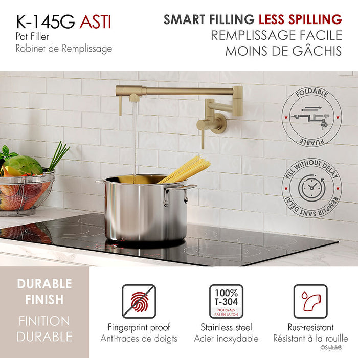 STYLISH-ASTI Wall Mount Pot Filler Folding Stretchable with Single Hole Two Handles -BRUSHED GOLD - Construction Commodities Supply Inc.