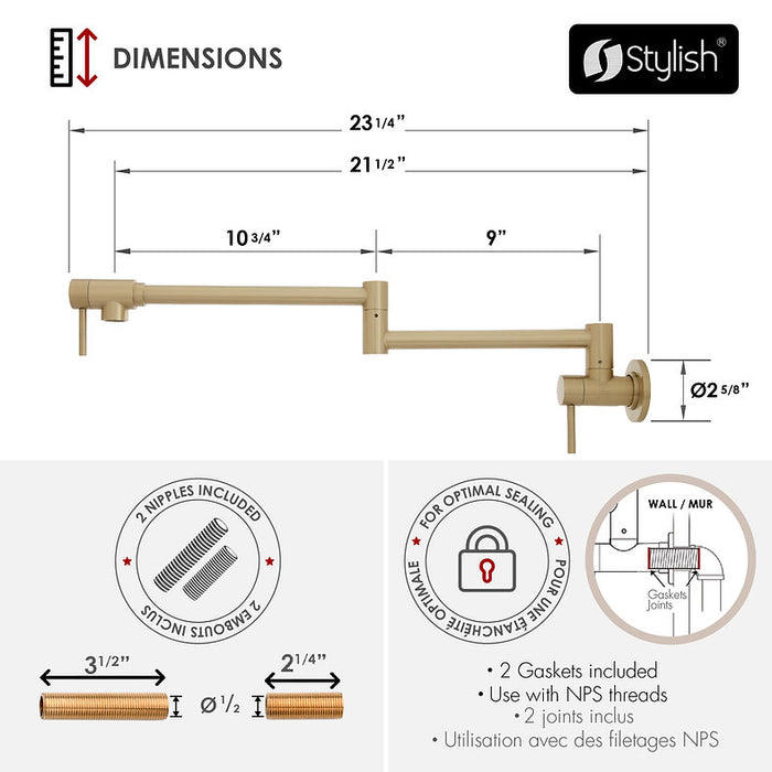STYLISH-ASTI Wall Mount Pot Filler Folding Stretchable with Single Hole Two Handles -BRUSHED GOLD - Construction Commodities Supply Inc.