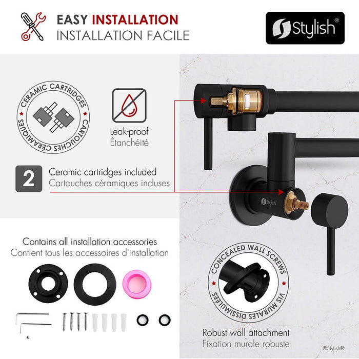 STYLISH-ASTI Wall Mount Pot Filler Folding Stretchable with Single Hole Two Handles -MATT BLACK - Construction Commodities Supply Inc.