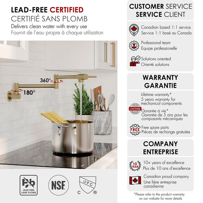 STYLISH-ASTI Wall Mount Pot Filler Folding Stretchable with Single Hole Two Handles -BRUSHED GOLD - Construction Commodities Supply Inc.