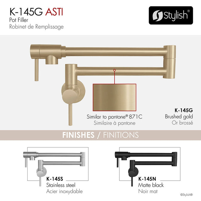 STYLISH-ASTI Wall Mount Pot Filler Folding Stretchable with Single Hole Two Handles -BRUSHED GOLD - Construction Commodities Supply Inc.