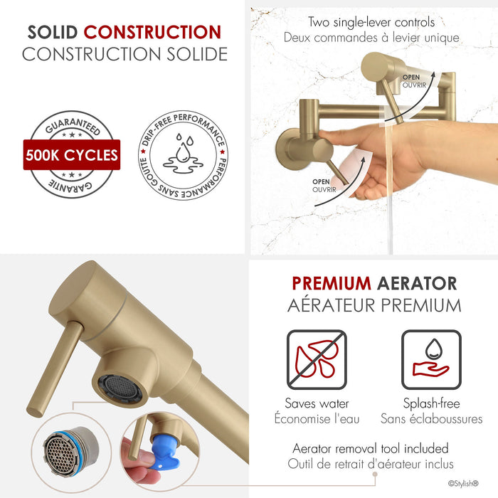 STYLISH-ASTI Wall Mount Pot Filler Folding Stretchable with Single Hole Two Handles -BRUSHED GOLD - Construction Commodities Supply Inc.