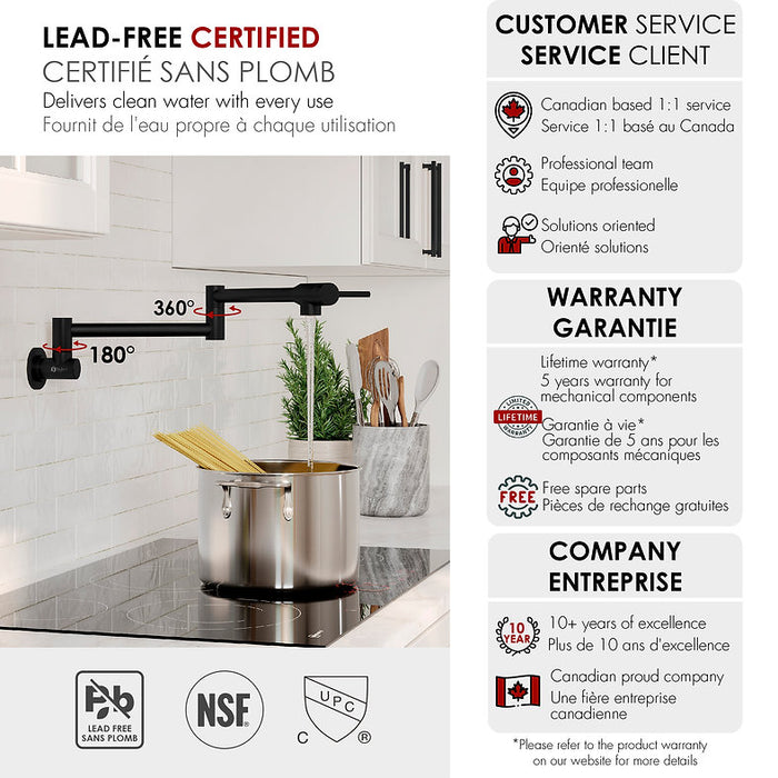 STYLISH-ASTI Wall Mount Pot Filler Folding Stretchable with Single Hole Two Handles -MATT BLACK - Construction Commodities Supply Inc.
