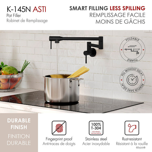 STYLISH-ASTI Wall Mount Pot Filler Folding Stretchable with Single Hole Two Handles -MATT BLACK - Construction Commodities Supply Inc.