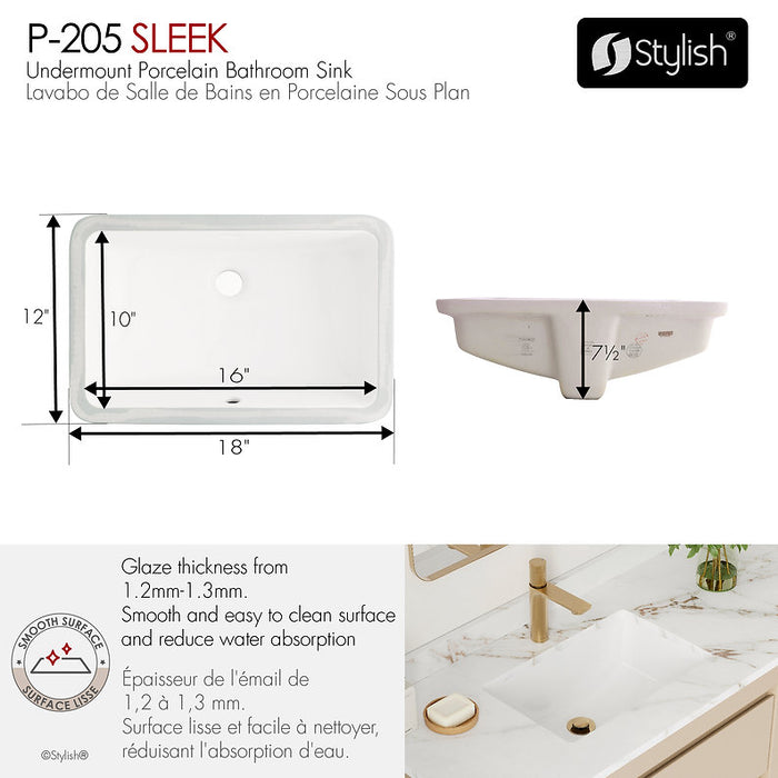 Stylish - 18'' SLEEK P-205 -2 Undermount Sink with Overflow ( pack of 2 sinks)