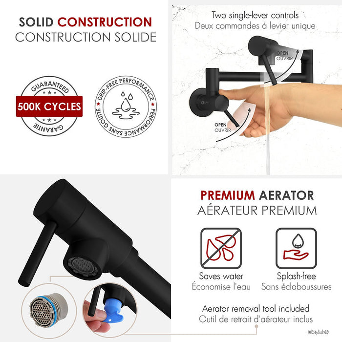 STYLISH-ASTI Wall Mount Pot Filler Folding Stretchable with Single Hole Two Handles -MATT BLACK - Construction Commodities Supply Inc.