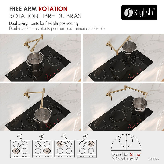 STYLISH-ASTI Wall Mount Pot Filler Folding Stretchable with Single Hole Two Handles -BRUSHED GOLD - Construction Commodities Supply Inc.