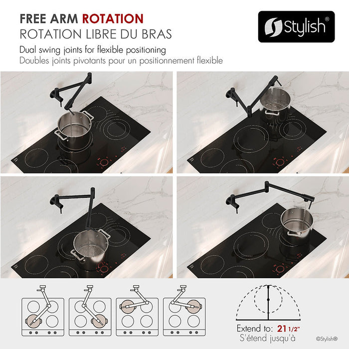 STYLISH-ASTI Wall Mount Pot Filler Folding Stretchable with Single Hole Two Handles -MATT BLACK - Construction Commodities Supply Inc.