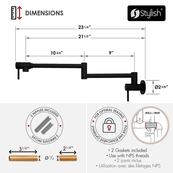 STYLISH-ASTI Wall Mount Pot Filler Folding Stretchable with Single Hole Two Handles -MATT BLACK - Construction Commodities Supply Inc.