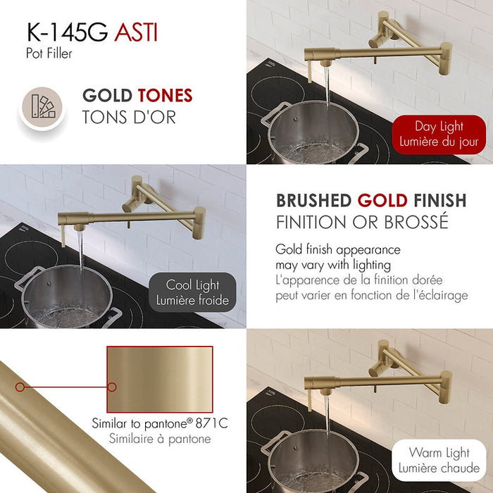 STYLISH-ASTI Wall Mount Pot Filler Folding Stretchable with Single Hole Two Handles -BRUSHED GOLD - Construction Commodities Supply Inc.