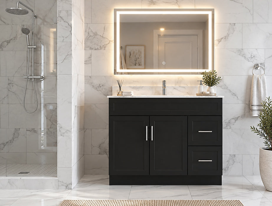 CRUSH 42 Inch Bathroom Vanity, Modern Slim Shaker with Quartz Countertop, Right Side Drawers (Available in 3 Colors)