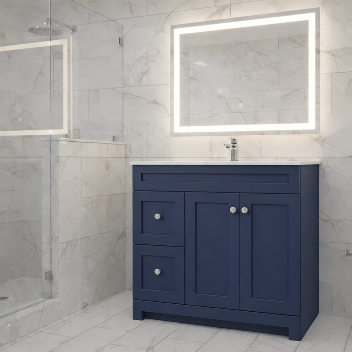 CABINETSMITH- 36" MARIN BLUE ,CANMORE, Bathroom Vanity With Quartz top, Left / Right hand drawers