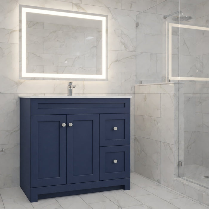 CABINETSMITH- 36" MARIN BLUE ,CANMORE, Bathroom Vanity With Quartz top, Left / Right hand drawers