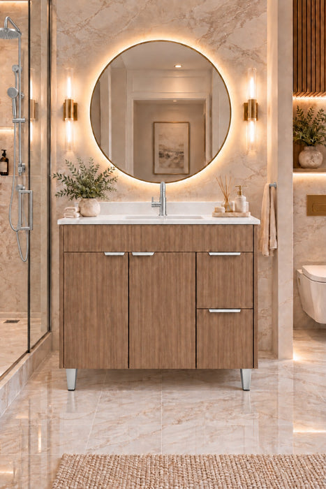 MILANO 42 Inch Light Walnut Bathroom Vanity with Quartz Countertop, Right Side Drawers