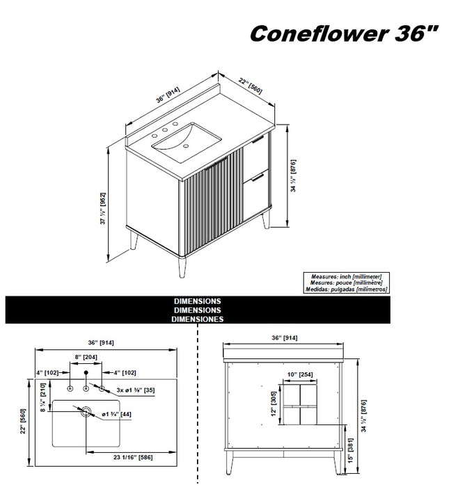 Coneflower - 36"  WALNUT  Solid wood Bathroom Vanity with White quartz top - Construction Commodities Supply Inc.