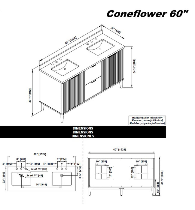 Coneflower- 60" Double Sink, WALNUT Solid wood Bathroom Vanity with White Quartz top - Construction Commodities Supply Inc.