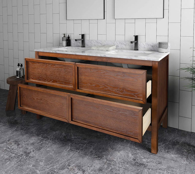 CRAWFORD 60" Walnut ,Double sink ,Solid Wood Bathroom Vanity with Carrara Marble top