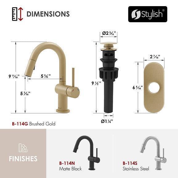 ALEEN- B114G Pull Down Bathroom Faucet Single Handle ,BRUSHED GOLD