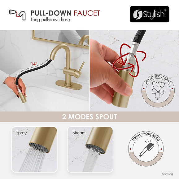 ALEEN- B114G Pull Down Bathroom Faucet Single Handle ,BRUSHED GOLD