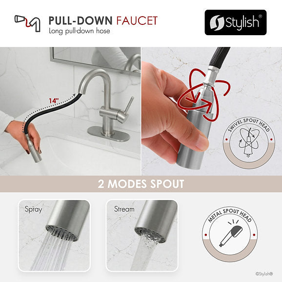 ALEEN- B114S Pull Down Bathroom Faucet Single Handle ,STAINLESS STEEL
