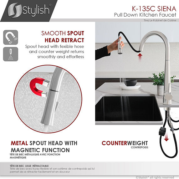 STYLISH-SIENA K-135 Pull-Down Kitchen Faucet - Chrome - Construction Commodities Supply Inc.