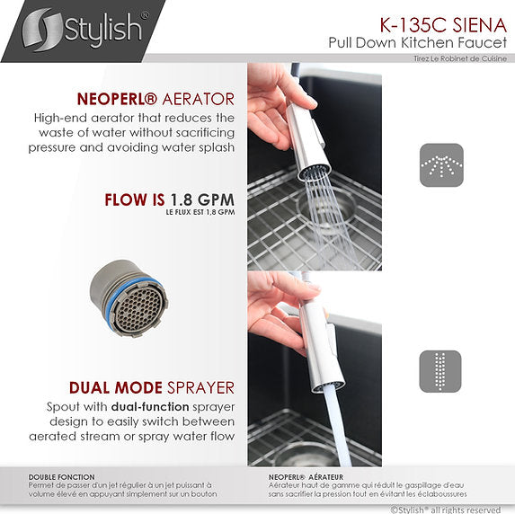 STYLISH-SIENA K-135 Pull-Down Kitchen Faucet - Chrome - Construction Commodities Supply Inc.