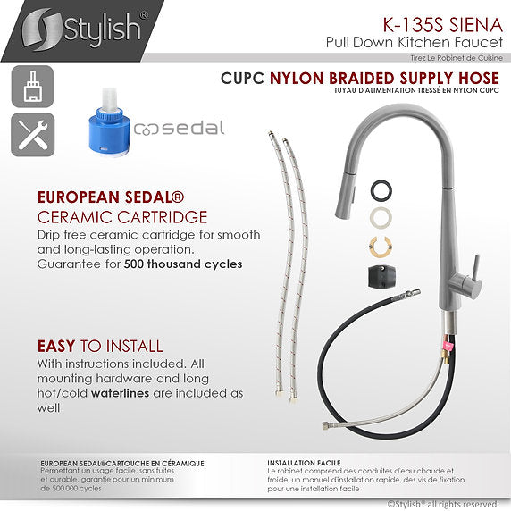 STYLISH-SIENA K-135 Pull-Down Kitchen Faucet - Stainless Steel - Construction Commodities Supply Inc.