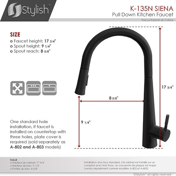 STYLISH-SIENA K-135 Pull-Down Kitchen Faucet -Black - Construction Commodities Supply Inc.