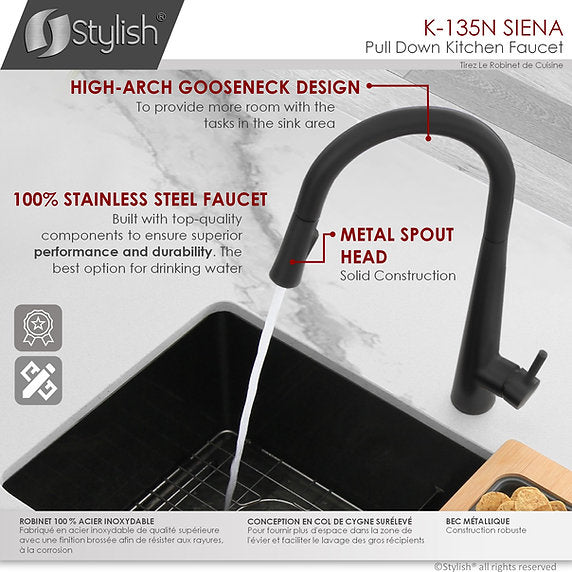 STYLISH-SIENA K-135 Pull-Down Kitchen Faucet -Black - Construction Commodities Supply Inc.