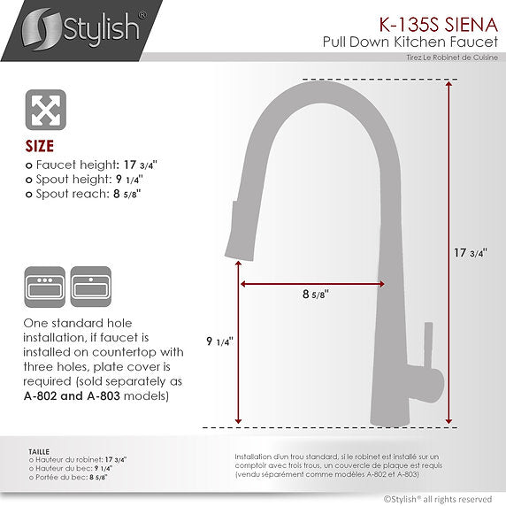 STYLISH-SIENA K-135 Pull-Down Kitchen Faucet - Stainless Steel - Construction Commodities Supply Inc.