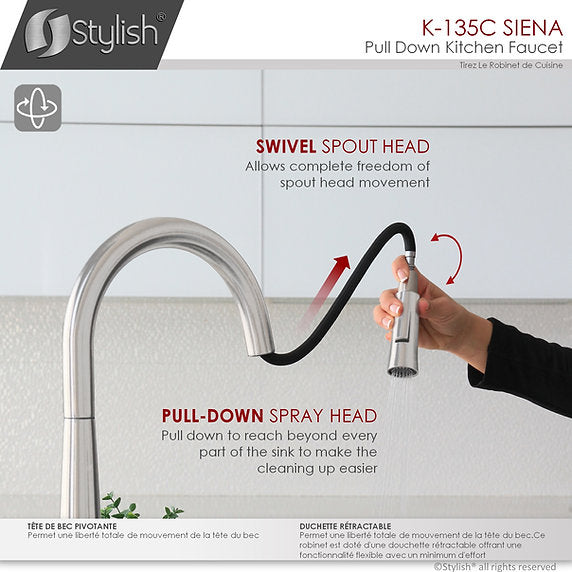 STYLISH-SIENA K-135 Pull-Down Kitchen Faucet - Chrome - Construction Commodities Supply Inc.