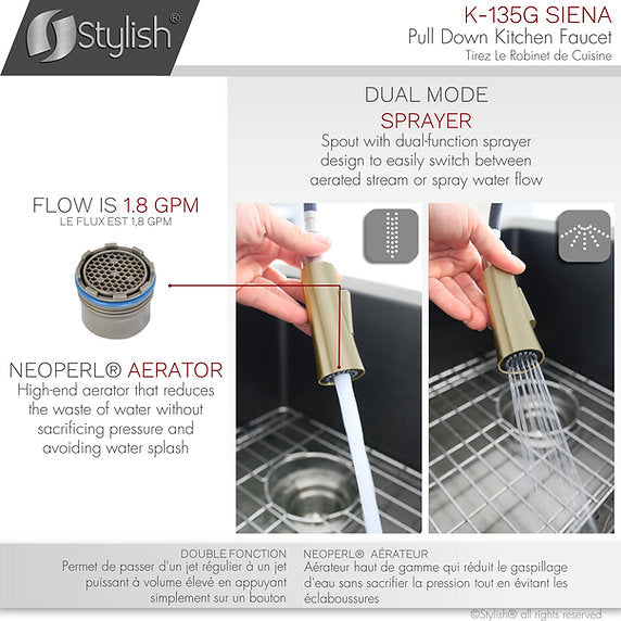 STYLISH-SIENA K-135 Pull-Down Kitchen Faucet - Stainless Steel - Construction Commodities Supply Inc.