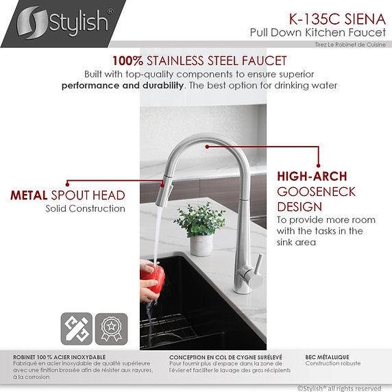 STYLISH-SIENA K-135 Pull-Down Kitchen Faucet - Chrome - Construction Commodities Supply Inc.