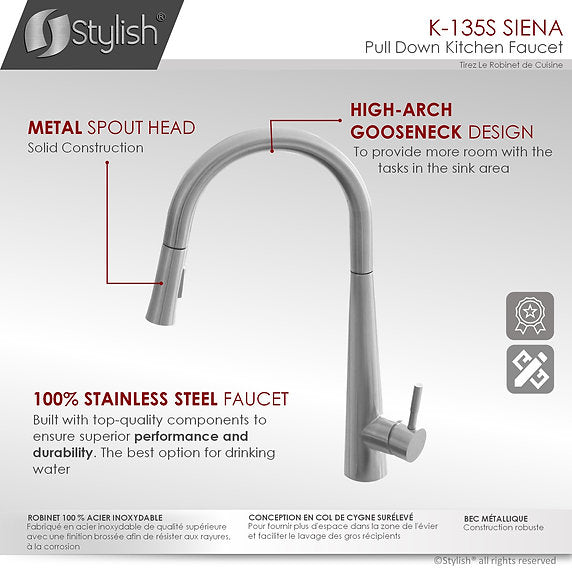 STYLISH-SIENA K-135 Pull-Down Kitchen Faucet - Stainless Steel - Construction Commodities Supply Inc.