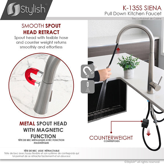 STYLISH-SIENA K-135 Pull-Down Kitchen Faucet - Stainless Steel - Construction Commodities Supply Inc.