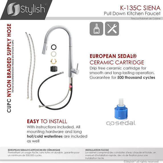 STYLISH-SIENA K-135 Pull-Down Kitchen Faucet - Chrome - Construction Commodities Supply Inc.