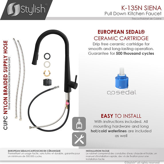 STYLISH-SIENA K-135 Pull-Down Kitchen Faucet -Black - Construction Commodities Supply Inc.