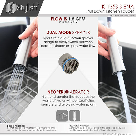 STYLISH-SIENA K-135 Pull-Down Kitchen Faucet - Stainless Steel - Construction Commodities Supply Inc.