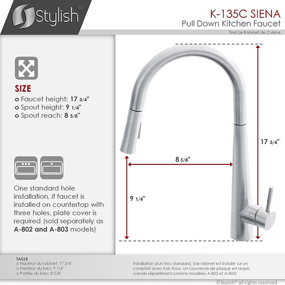 STYLISH-SIENA K-135 Pull-Down Kitchen Faucet - Chrome - Construction Commodities Supply Inc.