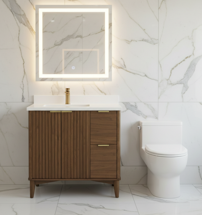 GABI- 36"  WALNUT  Solid wood Bathroom Vanity with White marble top