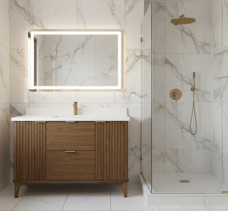 GABI - 48"  WALNUT  Solid wood Bathroom Vanity with White marble top