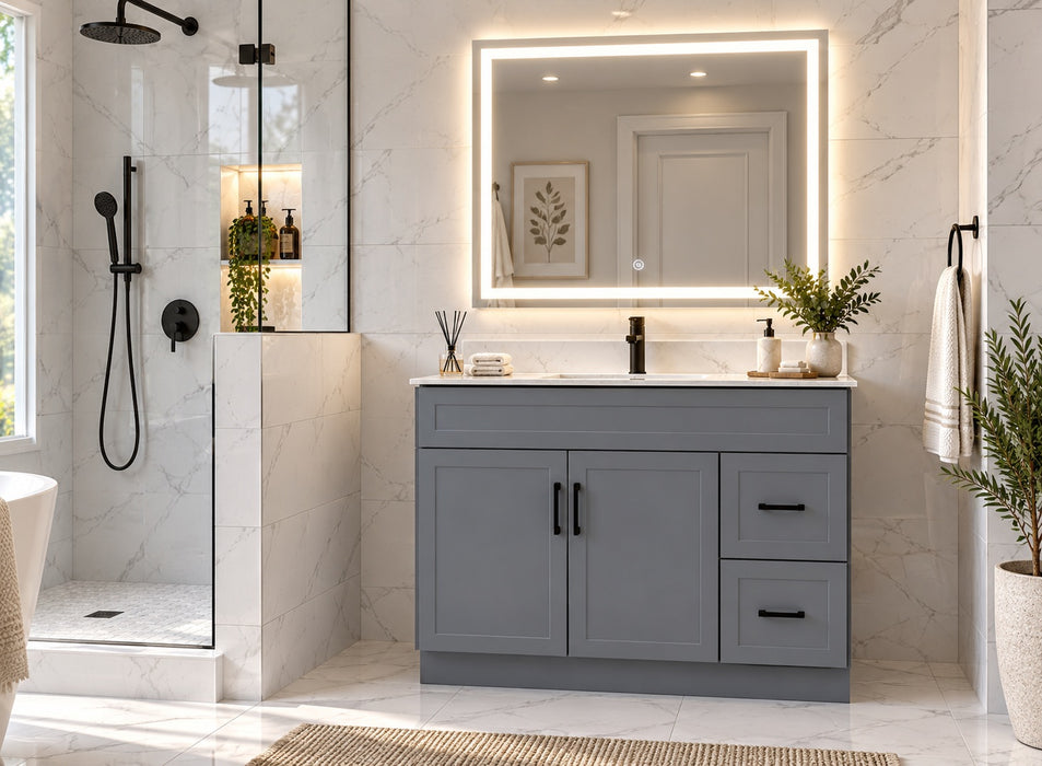 CRUSH 42 Inch Bathroom Vanity, Modern Slim Shaker with Quartz Countertop, Right Side Drawers (Available in 3 Colors)
