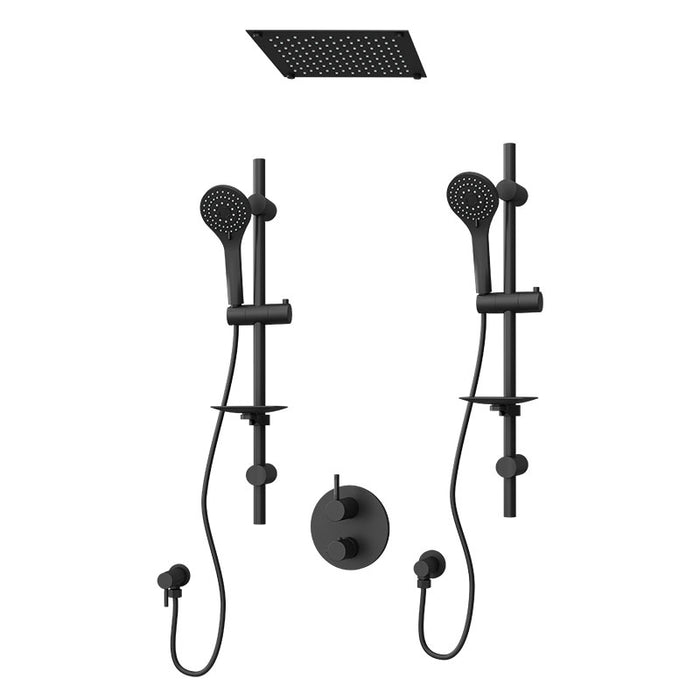 Rubi Vertigo C 1/2" Thermostatic Shower Kit with Double Sliding Bar with Hand Shower, Built-in Shower Head, Round Elbow Connector with Water Outlet, and Stop Valve with Water Outlet Matt Black