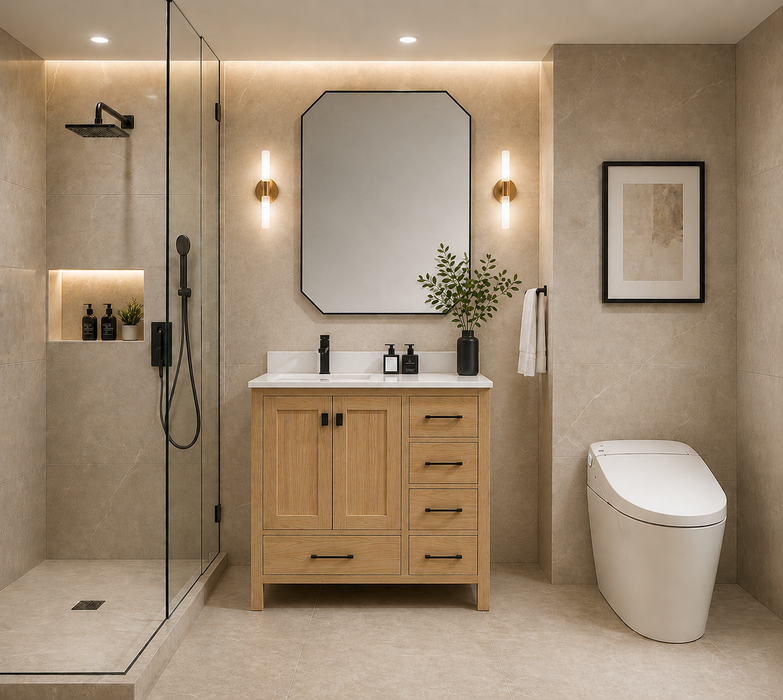 Rose- 36" Natural Oak ,Left Side Sink, Solid Wood Floor Standing Modern Bathroom Vanity, White Quartz Countertop