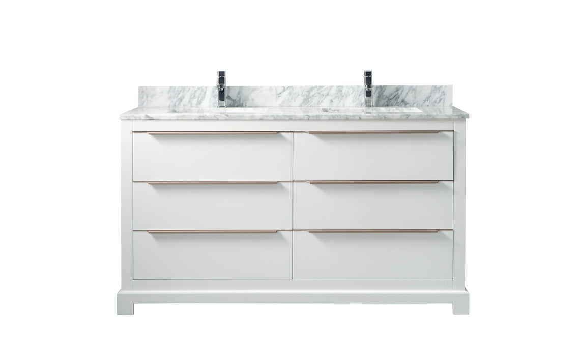 Madison-60" Double sink, White Solid Wood Bathroom Vanity with Carrara Marble top