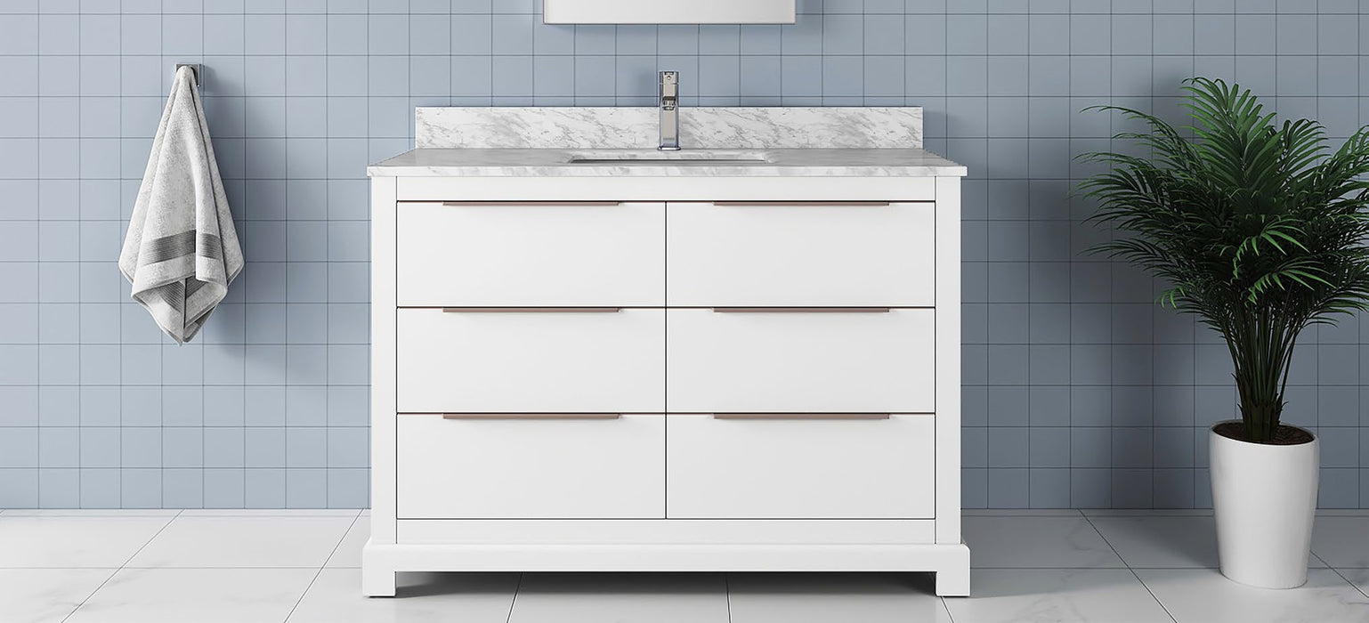 Madison-48" White Solid Wood Bathroom Vanity with Carrara Marble top