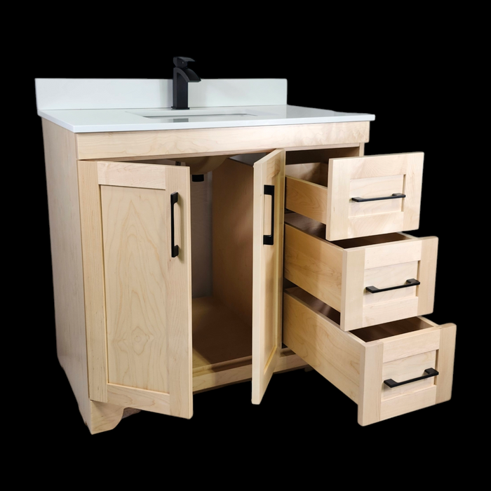 CANADIAN MAPLE - 36" , Natural Stain Bathroom Vanity With Quartz Countertop.