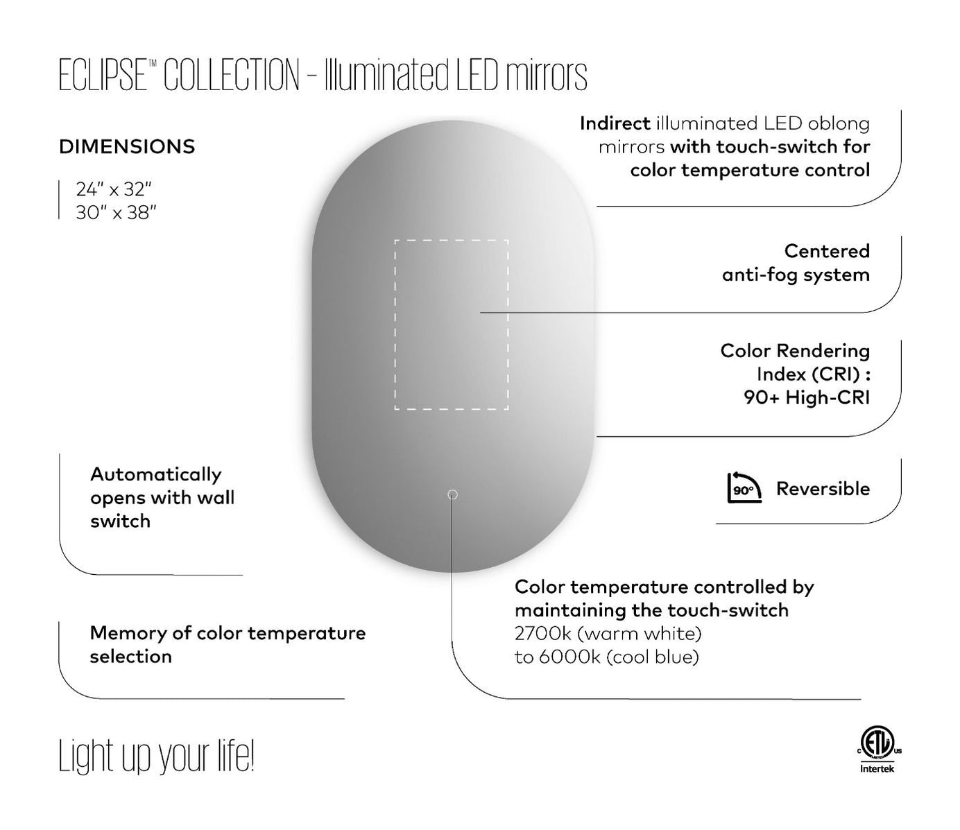 KALIA- ECLIPSE LED-ILLUMINATED BATHROOM MIRROR - 22” X 38 ...
